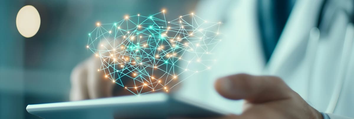 Digital visualization of neural network or brain structure above tablet symbolizing artificial intelligence and connectivity